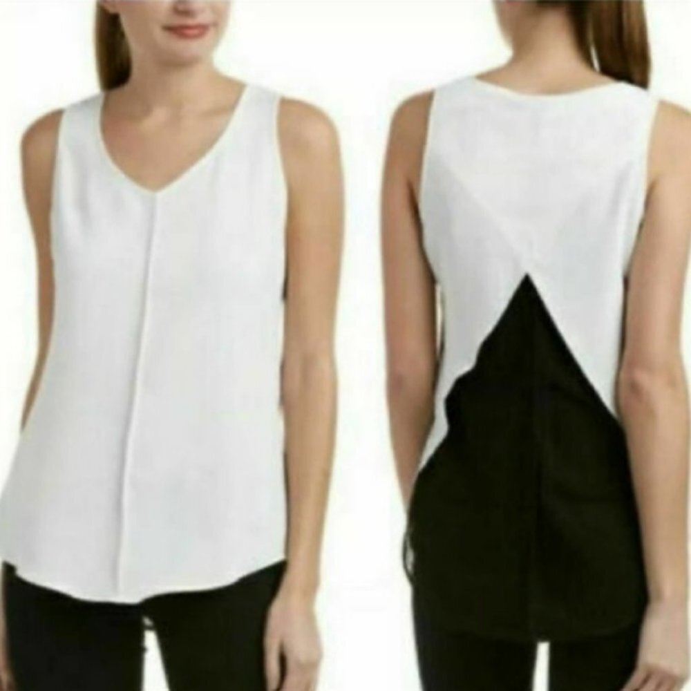 Cabi Black & White V-Neck Sleeveless Mesh Overlay Top Blouse Size XS